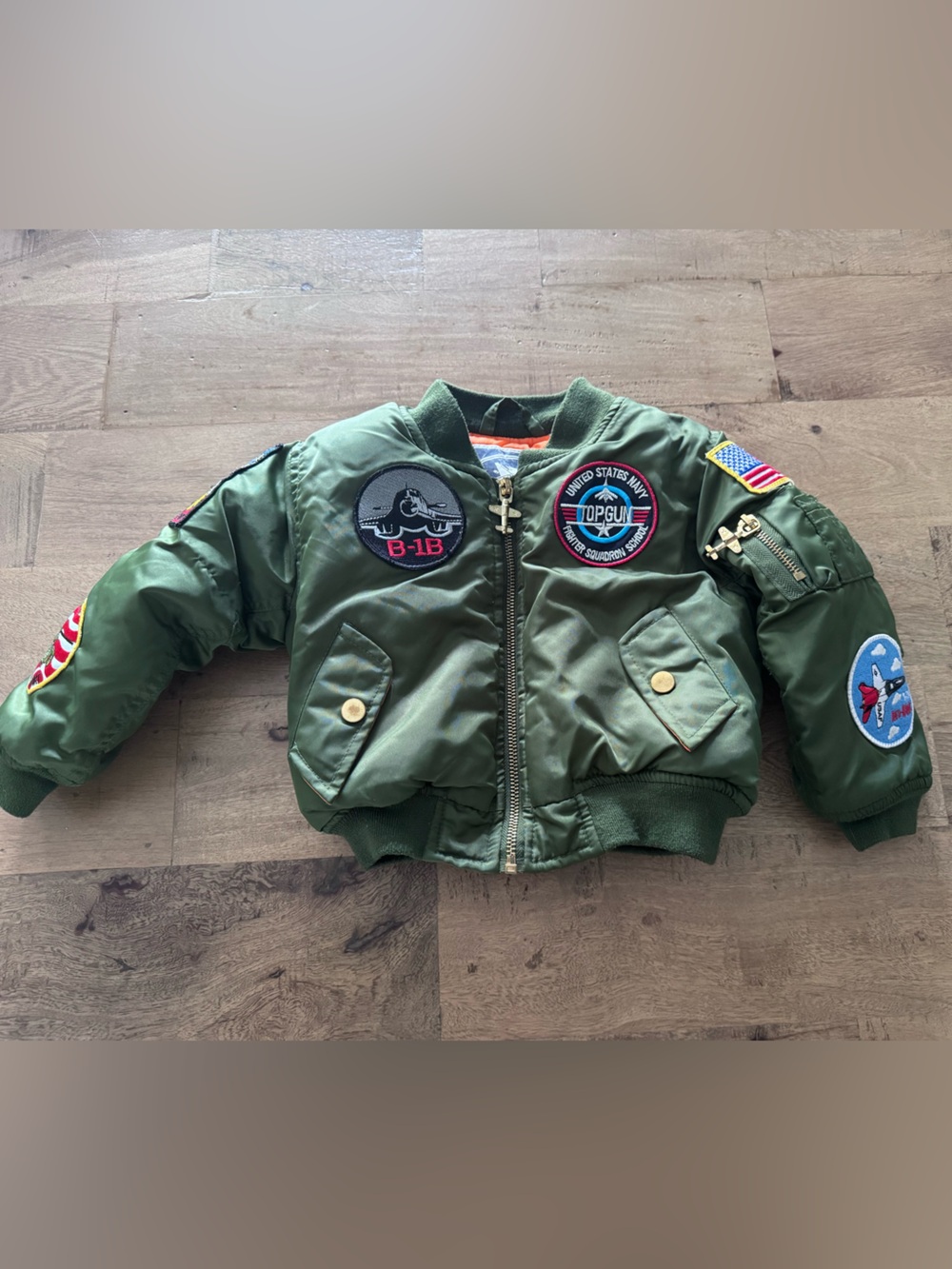 Up and away Kids Olive Green MA-1 Flight Jacket With Seven Patches bomber sz 2T